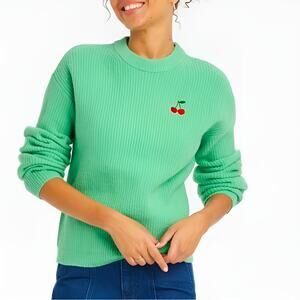 A New Day Womens Red Cherry Embroidered Ribbed Cozy Knit Crewneck Sweater Size S